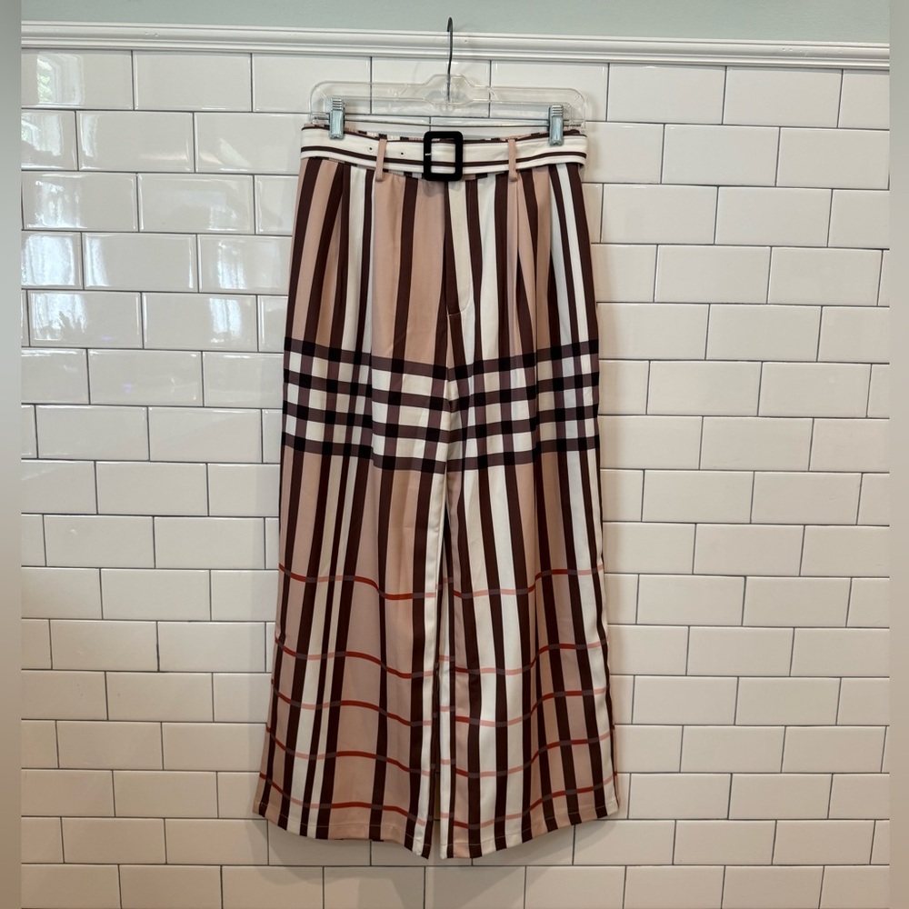 STYLEWE Brown and Cream Striped Wide Leg Pants with Belt